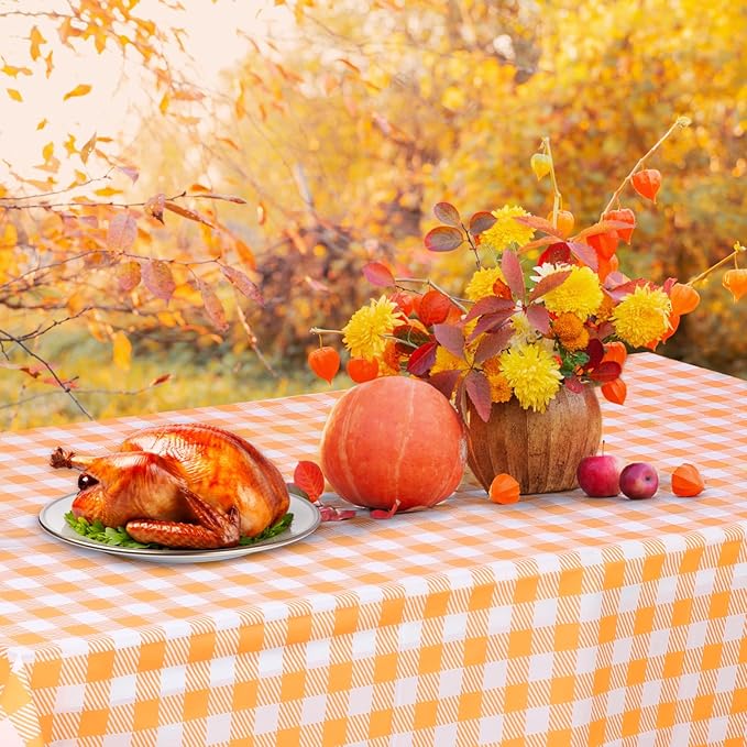 3 Pack Fall Orange Gingham Tablecloth, 54 X 108Inch Plastic Orange Checkered Table Cloth Disposable Scalloped Tablecloths Waterproof Plaid Table Cover for Autumn Harvest Picnic Wedding Birthday Party