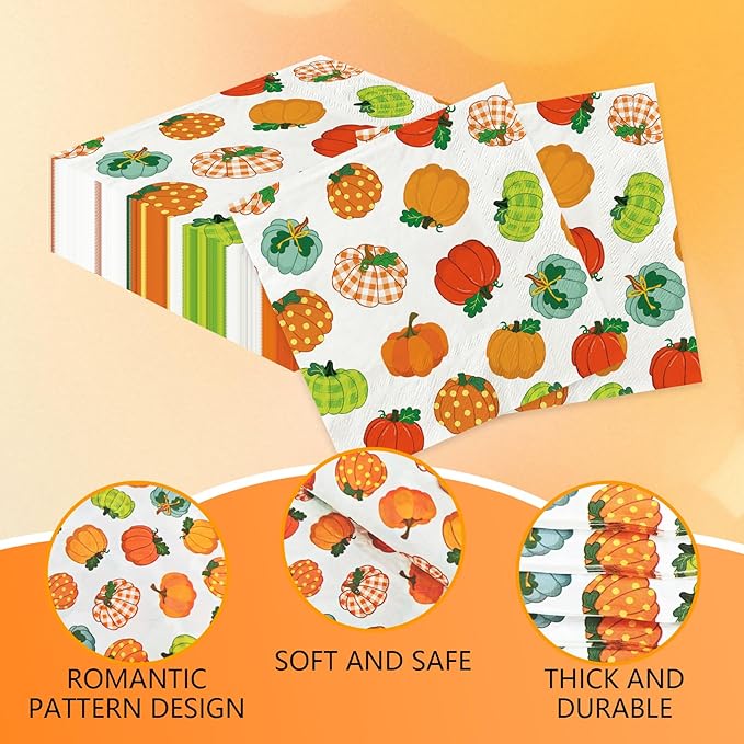 YQUQWN 50 PCS Thanksgiving Pumpkin Paper Napkins Disposable Luncheon Autumn Decorative Napkin Fall Harvest Thanksgiving Friendsgiving Table Decor Party Supplies 6.5 x 6.5 Inch
