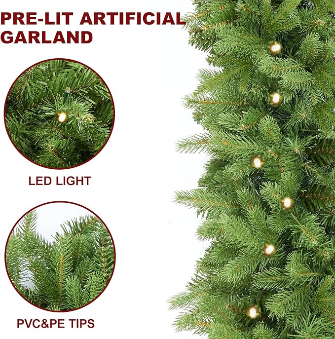 9FT Pre-Lit Artificial Christmas Garland with 50 LED Light Battery Operated, Holiday Decorations with 300 Tip Branch, for Indoor Door Home Stairs Fireplaces Wall