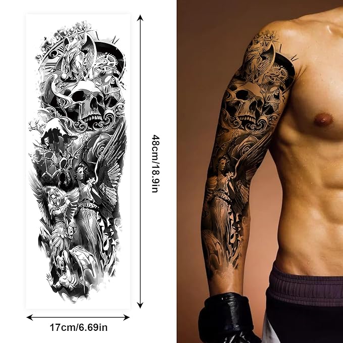 Black War Temporary Tattoo for Men, 6 Sheets Sleeve Tattoos Full Arm Temporary Tattoo, 11 Sheets Half Arm Fake Tattoos That Look Real, Soldiers for BBQ Pool Beach Party