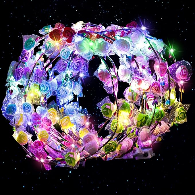 LovesTown 24PCS LED Flower Crowns Headbands Christmas Party, Light Up Flower Crowns For Women, Glow in the Dark Party Supplies for New Year Raves Birthday Wedding Favors Cosplay