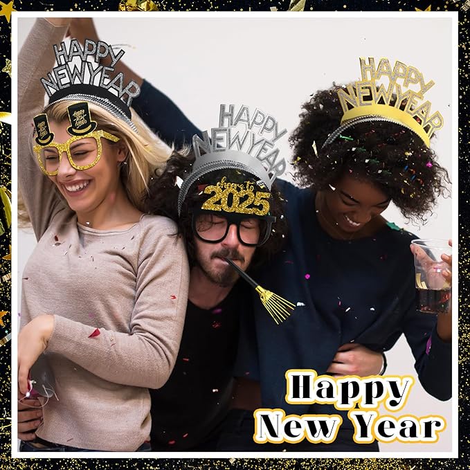 144 Pcs 2025 New Years Eve Party Supplies Include Happy New Year Headband Glasses Long Short Fringed Noise Makers for Holiday Party Favor Gift Accessories Adult
