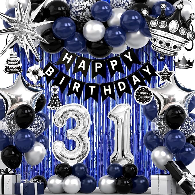31st Birthday Decorations for Men and Women, Black Blue Silver Happy Birthday Number 31 Balloons, Banner, Fringe Curtains Garland Kit - 31 Year Old Party Supplies