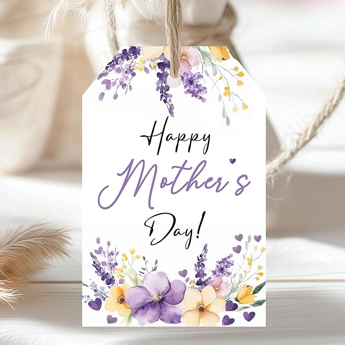 50PCS Mother’s Day Paper Tags with String, 2.2"x3.3" Floral Gift Tags for Mom, Purple Flower Design for Mother’s Day Gifts, Wrapping, and Party Favors