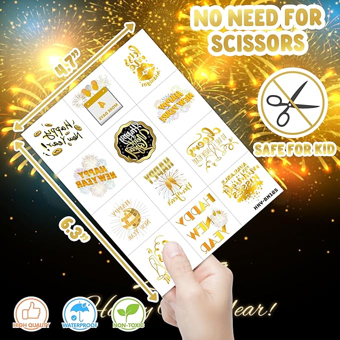 Happy New Year 2026 Temporary Tattoos Stickers – 96PCS Gold New Year’s Eve Party Favors, Decorations, Countdown Celebration Supplies, Holiday Festival Accessories Gifts for Kids and Adults