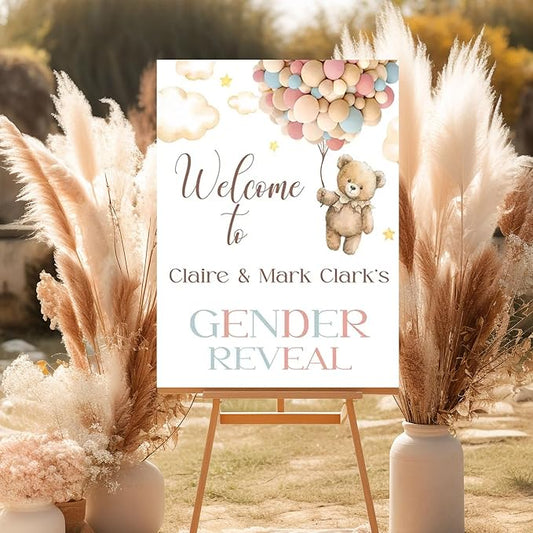 We Can Bearly Wait Gender Reveal Welcome Sign, Brown Bear Pink Blue Balloons Decor Sign