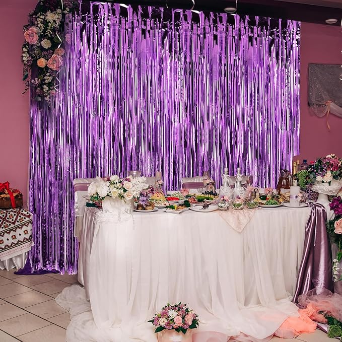 Crosize 5 Pack 3.3 x 9.9 ft Purple Foil Fringe Curtains Party Decorations, Purple Tinsel Curtain Backdrop for Parties, Door Streamers, Glitter Streamer Backdrop for Birthday Decoration