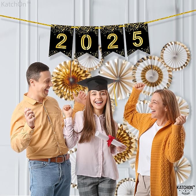 Katchon, Shiny Graduation 2025 Banner - Large 10 Feet, No DIY | Happy Graduation Banner 2025, Grad Decorations Class of 2025 | 2025 Sign, 2025 black gold banner | 2025 grad sign
