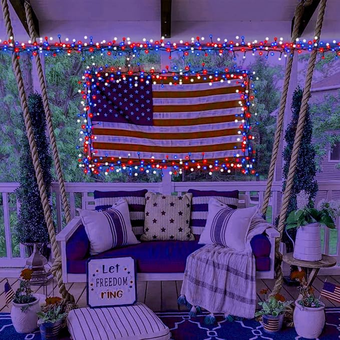 Red White and Blue String Lights, 4th of July Independence Day Lights Decoration, 300 LED 98ft, Waterproof with 8 Modes Plug in, Timer, Expandable, Memorial Day Patriotic Party Decor, Outdoor, Indoor