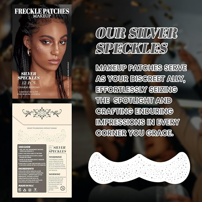 12Pcs Glitter Freckles for Women, Long Lasting Waterproof Holographic Sparkle Temporary Face Tattoo Star Sticker Makeup Patches for Rave Musical Festival Accessories (SILVER FRECKLES)