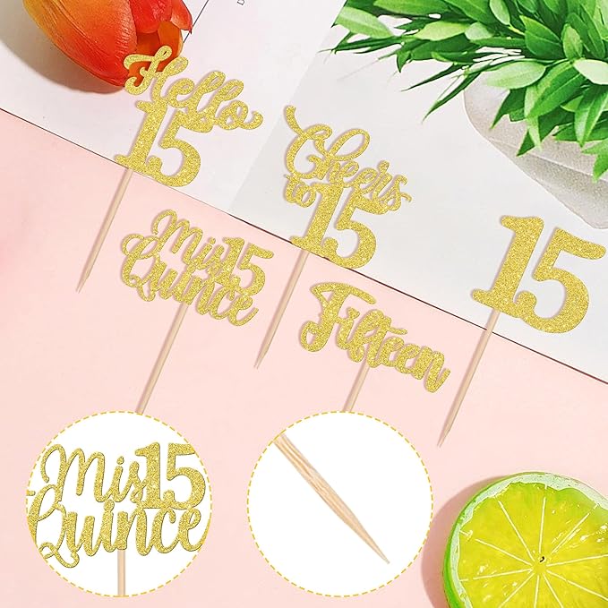 30PCS Happy 15th Birthday Cupcake Toppers Glitter Fifteen Mis Quince Hello 15 Cupcake Picks Cheers to 15 Birthday Decorations for 15th Birthday Anniversary Party Cake Decoration Supplies Gold