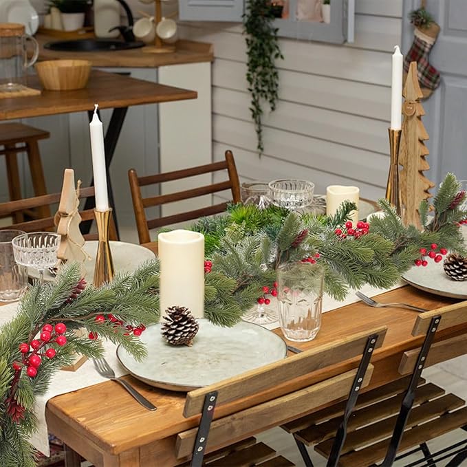 RECUTMS 4.6ft Christmas Garlands Christmas Decorations Pine Garland with Pine Cones and Red Berries Holiday Garland for Indoor Tabletop and Stair Railing Xmas Decorations Elegant Holiday Décor（Green）