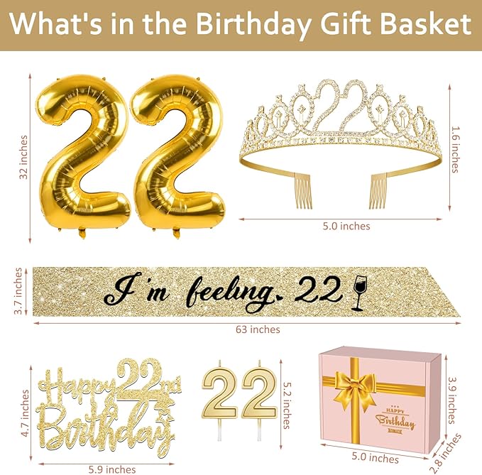 22 Birthday Decorations for Women with 22nd Birthday Sash and Crown, Cake Topper and Candles, Number Balloons, 22 Year Old Gifts for Girls