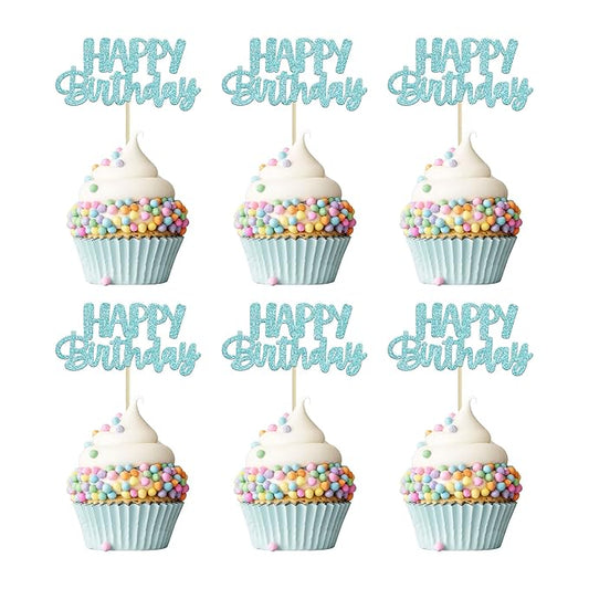 Gyufise 24Pcs Happy Birthday Cupcake Toppers Glitter Birthday Cupcake Food Picks for Celebrating Happy Birthday Party Cake Decorations Supplies Light Blue