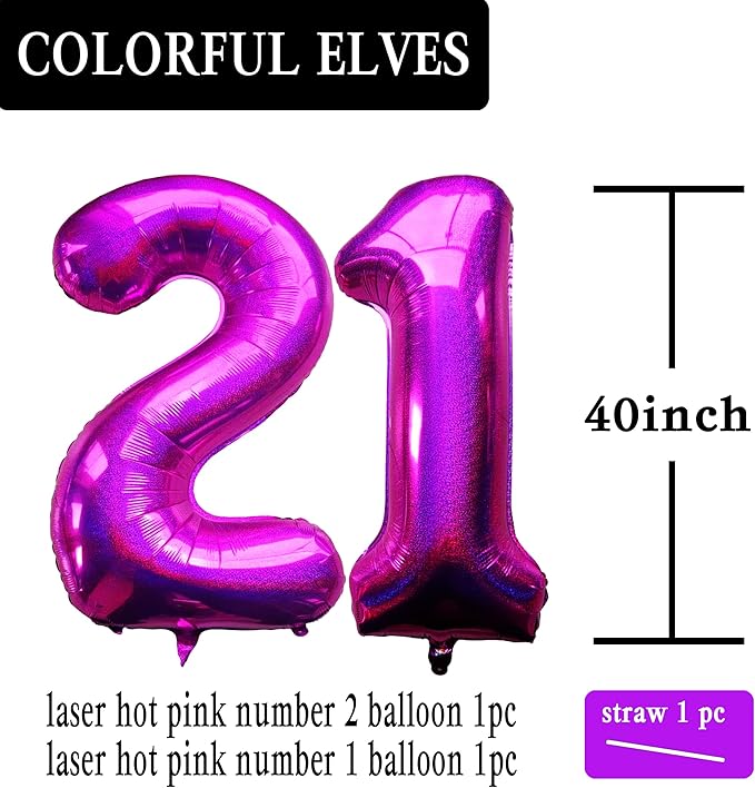 Laser Hot Pink Number 21 Balloons 40 Inch Giant Number Pink 21 Foil Mylar Balloons for 12th or 21st Birthday Anniversary Events Party Decorations