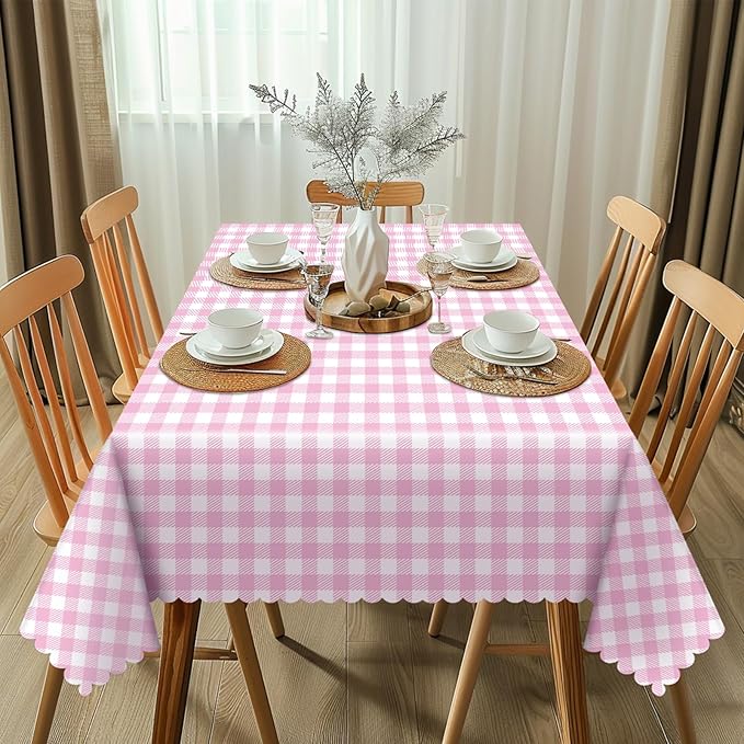 6 Pack Pink Gingham Tablecloth, 54 X 108Inch Plastic Pink Table Checkered Tablecloth Waterproof Pink and White Spring Checkered Tablecloths for Mothday’s Day Picnic Birthday Barbecue Parties