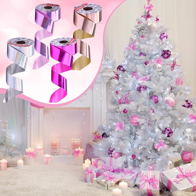 4 Rolls Wrapping Shiny Waterproof Ribbon for Christmas, 50 Yards Curling Plastic Ribbon for Gifts Package Wrapping, Bows, Festival Craft Party Decor(Purple, Pink, Rose Gold, Silver,2 Inch)