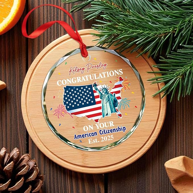 Personalized Congratulations On Your American Citizenship Glass Ornament Xmas 2025, Custom Year & Name New American Citizen Tree Decor Christmas Ornament Gift, Butterfly US Flag Christmas Ornaments