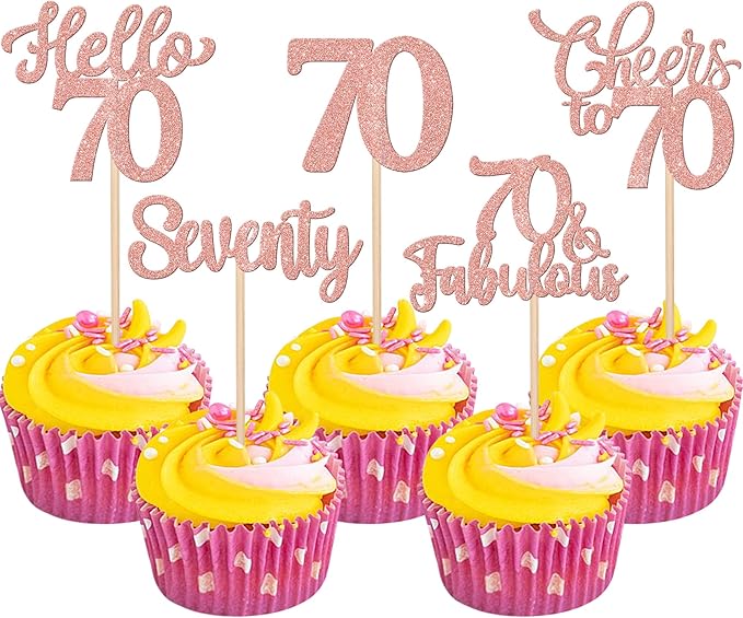 30PCS Happy 70th Birthday Cupcake Toppers Glitter Hello 70 Fabulous Seventy Cheers to 70 Years Old Birthday Cupcake Picks for Happy 70th Birthday Anniversary Party Cake Decorations Supplies Rose Gold