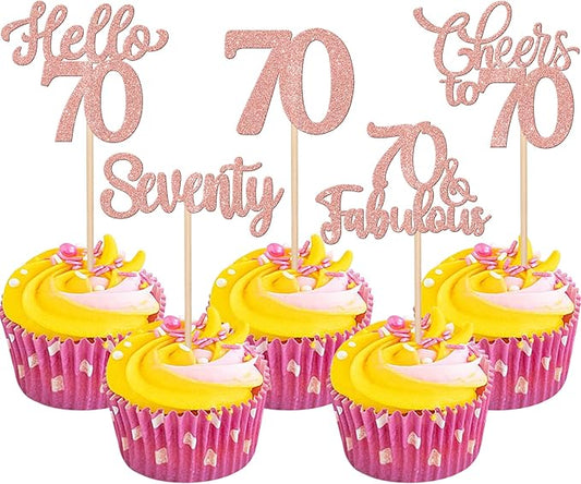30PCS Happy 70th Birthday Cupcake Toppers Glitter Hello 70 Fabulous Seventy Cheers to 70 Years Old Birthday Cupcake Picks for Happy 70th Birthday Anniversary Party Cake Decorations Supplies Rose Gold