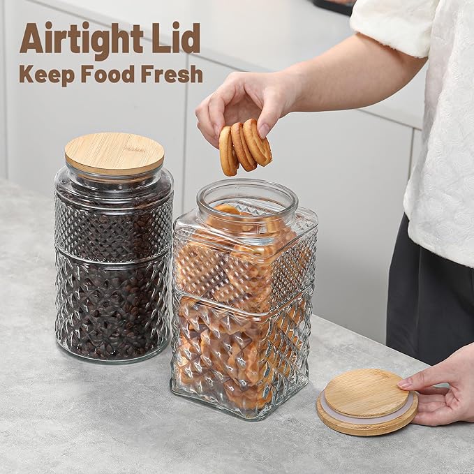 90 OZ Cookie Jars, 2600ml Glass Jars with Airtight Lids, Vintage Decorative Glass Storage Containers with Bamboo Lids for Coffee Candy Sugar, Candy Jar Coffee Canister 90oz.Square&Square