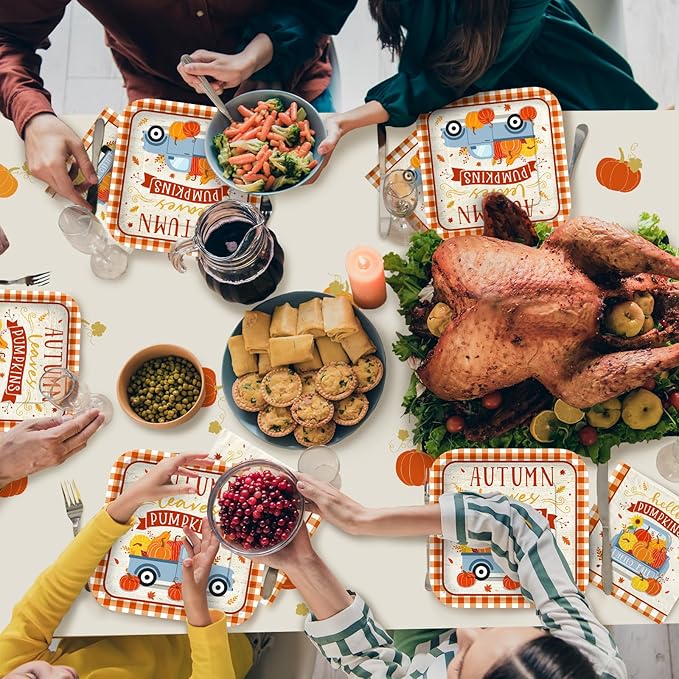 Fall Theme Party Supplies Kit, Serves 25: Complete Autumn Harvest Disposable Dinnerware Set - Includes Dinner & Plates, Napkins, Cups & Tablecloth. Thanksgiving/Autumn Party Decorations.
