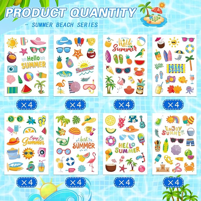 32 Sheet Summer Stickers, Summer Fun Sticker Sheets for Kids - Waterproof, Luau Hawaii Beach Party Decorations, Beach & Tropical Themed Stickers for Scrapbook, Water Bottles, Party Favor Kids Birthday