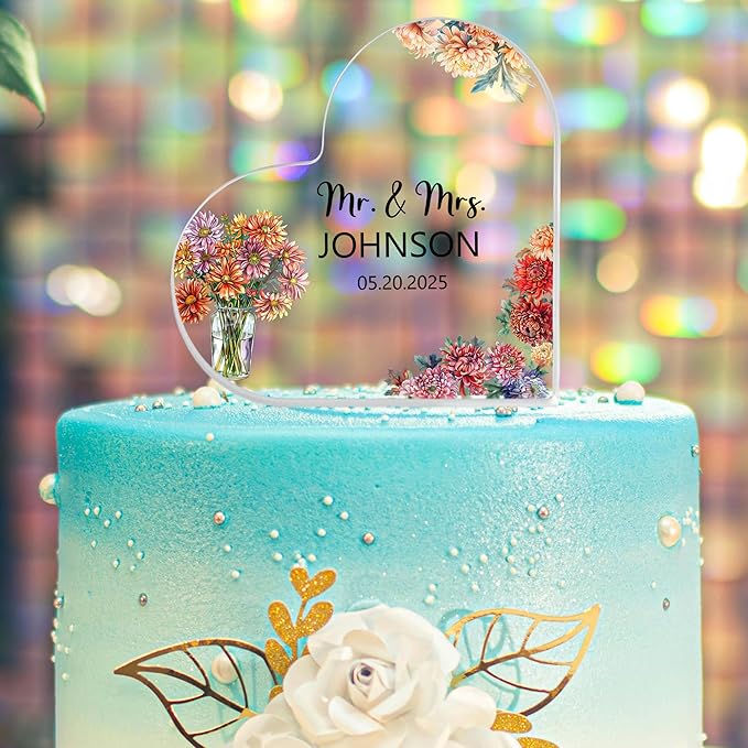 Custom Wedding Heart Acrylic Plaque,Mr & Mrs Cake Topper,Personalized Wedding Keepsake/Gift/Sign (Style 6)
