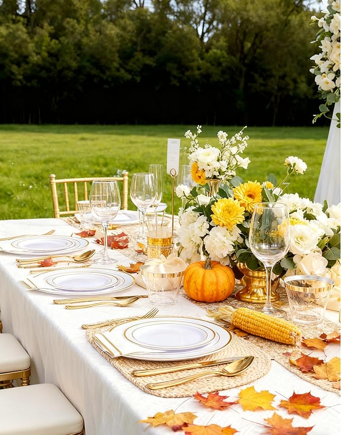 GATHER 350PCS White and Gold Plastic Plates - Disposable Plastic Dinnerware Set Include 50 Dinner Plates, 50 Dessert Plate, 150 Silverware, 50 Napkins, 50 Cups for Party & Wedding & Thanksgiving