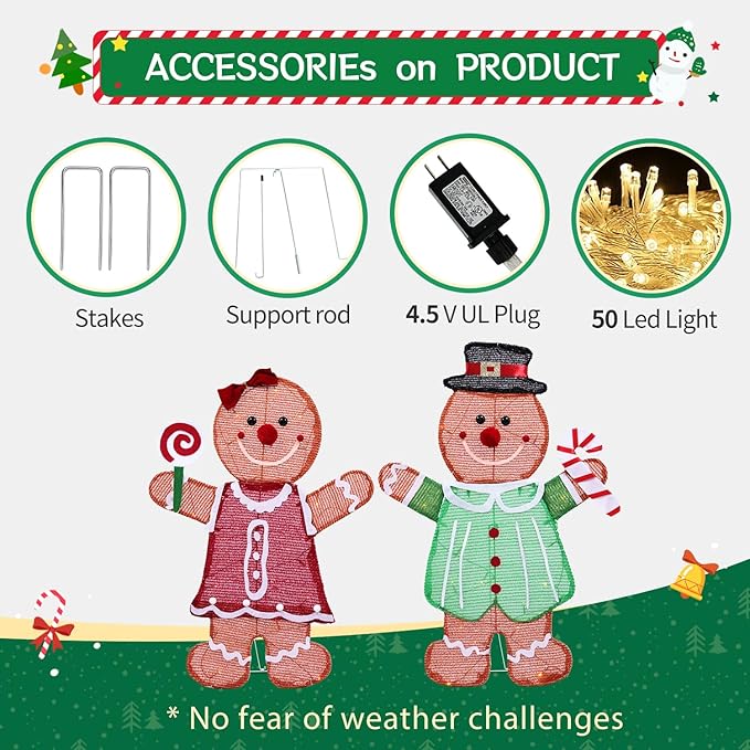DomKom Set of 2 Lighted Gingerbread Man Christmas Decorations, 27 inch Pre-Lit Light Up Gingerbread Couple with Candy Cane & Lollipop 50 LED for Xmas Indoor Outdoor Yard Lighted Holiday Displays