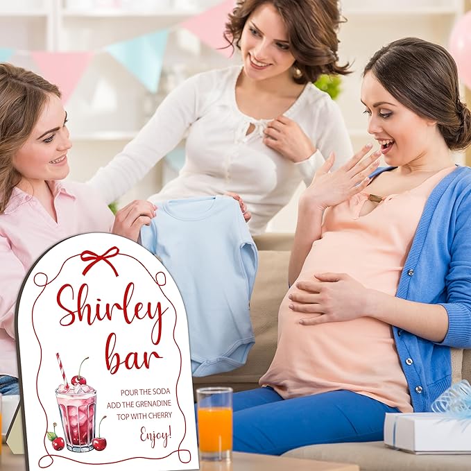 Bow Shirley Bar Sign, Baby Shower Welcome Sign, Baby Shower Table Decor Sign, Party Reception Signs, Red Bow Babies Party Decor Supplies, Wooden Sign with Stand, Wedding Parties Decor Favor 8x10 Inch