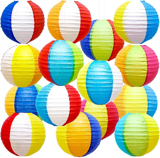 Pool & Beach Theme Birthday Party Decorations – 15PCS 8" Colorful Hanging Paper Lanterns for Tropical, Luau, Hawaiian, Summer & Indoor/Outdoor Events
