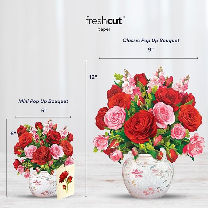 Freshcut Paper Pop Up Cards, Mini Blooming Roses, 6 Inch Mini Sized Forever Flower Bouquet 3D Popup Greeting Cards, Valentine's Day, Anniversary Card, Blank Notecard & Envelope
