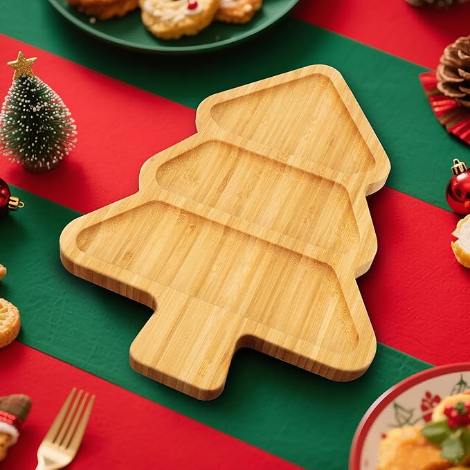 Christmas Serving Tray, Christmas Tree Charcuterie Board, Bamboo Divided Serving Platter Dish for Holiday Party Food Tray for Cheese Snack Fruit 12 x 8.7 x 0.6 Inches