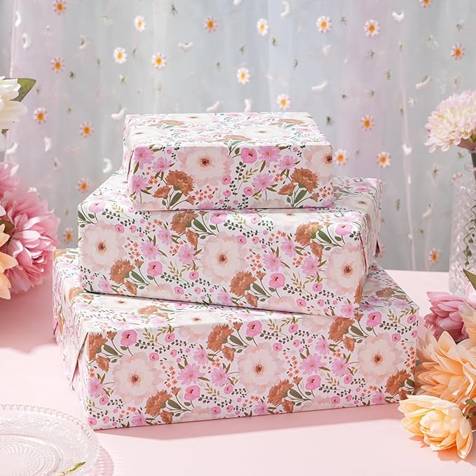 ZINTBIAL White and Pink Floral Wrapping Paper Roll for Wedding, Bridal Shower, Birthday - Peonies and Daisies Design, 17x16.5 Feet with Cut Lines, Gift Wrap for Mother's Day