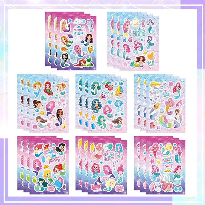 24 Sheets Little Mermaid Princess Stickers for Kids, Mermaid Stickers Bulk Preschool Sticker Sheets for Reward Craft Scrapbooking Water Bottles Gifts Bags Cards Envelopes Party Favors Supplies