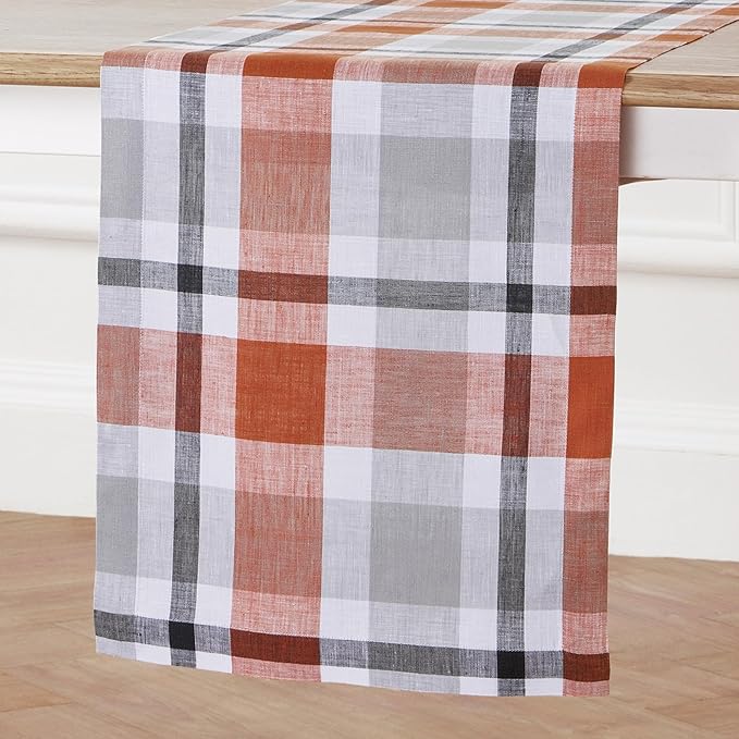 Solino Home Pure Linen Cinnamon Plaid Table Runner 14 x 48 Inch – Short Accent for Coffee Tabletop, Dresser, Bedroom, and Autumn Decor – Thanksgiving Seasonal Design