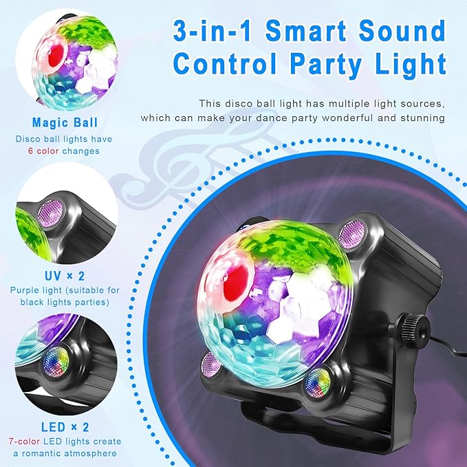 Disco Ball Light for DJ Party: Strobe Led Dance Stage Lighting Sound Activated Rotating Lamp With Remote Control for Room Indoor Outdoor Kids Ceiling Decor Bar Club Rave Home Wedding Karaoke Christmas