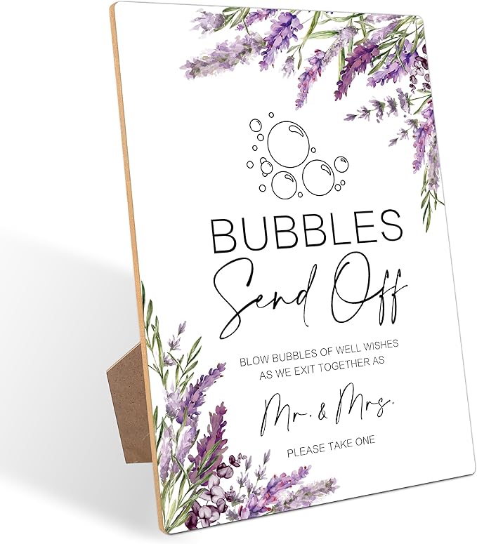 Wedding Bubble Send Off Sign, Lavender Bridal Shower Decorations, Engagement Party Decor, Centerpieces for Tables, Purple Floral Wooden Sign with Stand for Wedding Reception And Bridal Party Decor, 33