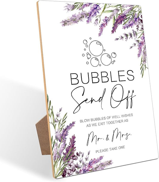 Wedding Bubble Send Off Sign, Lavender Bridal Shower Decorations, Engagement Party Decor, Centerpieces for Tables, Purple Floral Wooden Sign with Stand for Wedding Reception And Bridal Party Decor, 33