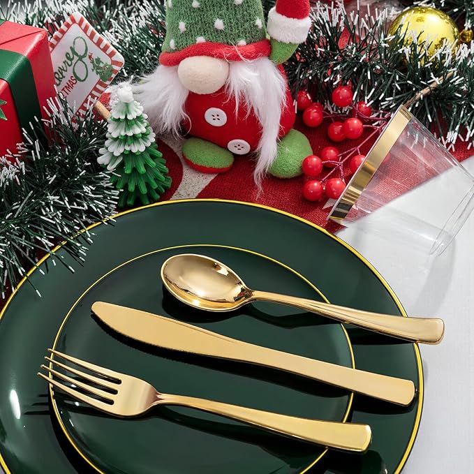 KIRE 175PCS Green Plastic Plates with Gold Rim - Heavy Duty Green Plates Disposable Include 50 Christmas Plastic Plate, 25Pre Rolled Napkins 25 Cups For Christmas/Party