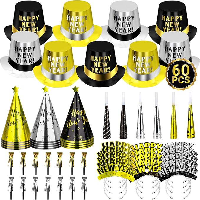 60PCS New Years Eve Party Favors, 30 People New Years Party Hats, Happy Eve Accessories Gold Silver Black, Cardboard Cone Hat Top Party Horn Blowers Tiara Party Supplies Decorations