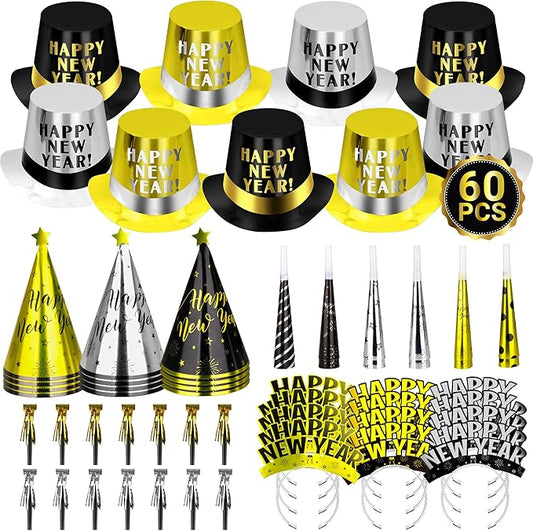 60PCS New Years Eve Party Favors, 30 People New Years Party Hats, Happy Eve Accessories Gold Silver Black, Cardboard Cone Hat Top Party Horn Blowers Tiara Party Supplies Decorations