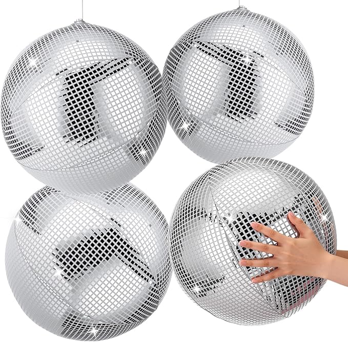 HyDren 4 Set Inflatable Disco Ball with Cover Foldable Hanging Mirror Disco Ornaments for Christmas Wedding Birthday Baby Shower Bachelorette Party Indoor Outdoor (16 Inch)