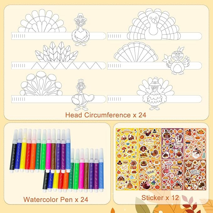 24 Sets Thanksgiving Turkey Craft Kits Fall Thanksgiving Ornaments Decorations Art Sets DIY Autumn Make a Turkey Crafts Stickers Arts and Crafts for Toddler Party Classroom Activities (Hat1)