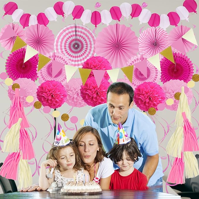 ZERODECO Party Decorations, 41 Pcs Pink Papar Fans Pompoms Garlands String Tissue Paper Tassel for Fiesta Home Bridal Baby Shower Wedding Boy Girl Birthday Party