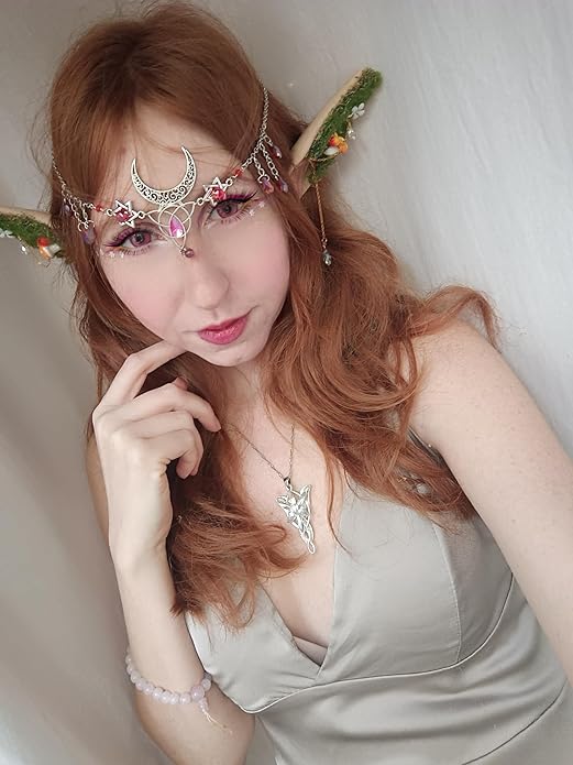 FRESHME Forest Mushroom Elf Ears, Soft Fairy Ears with Mushroom Moss and Flower Elven Ear Cuffs Halloween Renaissance Cosplay