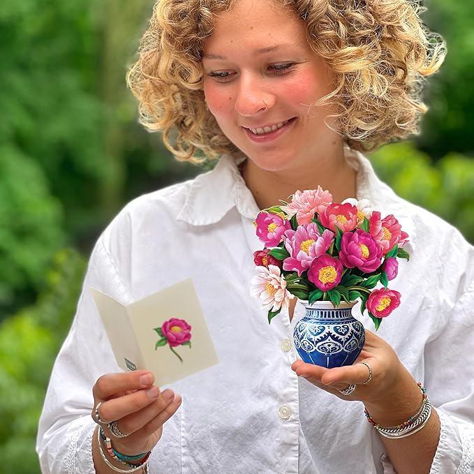 Freshcut Paper Pop Up Cards, Mini Peony Paradise (Set of 2), 6 Inch Mini Sized Forever Flower Bouquet 3D Popup Greeting Cards, Birthday Cards, Thank You Card, Teacher Gifts, Blank Notecard & Envelope