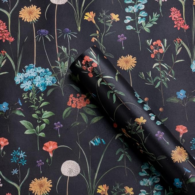 WRAPAHOLIC Kraft Wildflower Wrapping Paper - Mini Roll - 17 Inch x 16.5 Feet - Black Floral Wrapping Paper for Wedding, Birthday, Wedding, Bridal Shower, Drawer Liners, Tea Party