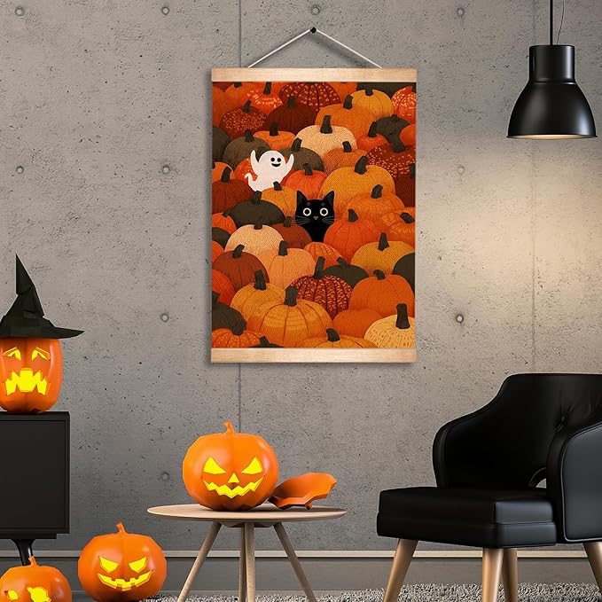 Rustic Halloween Ghost and Black Cat with Pumpkin Wall Art 18.5x14 Inch,Halloween Linen Canvas Wall Hanging Poster Decor, Retro Gothic Haunted House Theme Wall Poster for Living Room Bedroom(BLK10)
